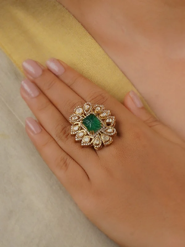 Green Color Gold Plated Faux Polki Ring - PK-R9GR