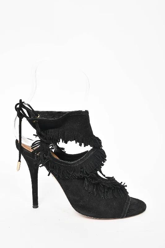 Aquazzura Black Suede Fringe Heel Size 37.5