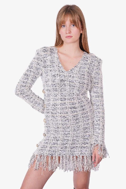 Balmain White/Grey Tweed V-Neck Dress with Fringes