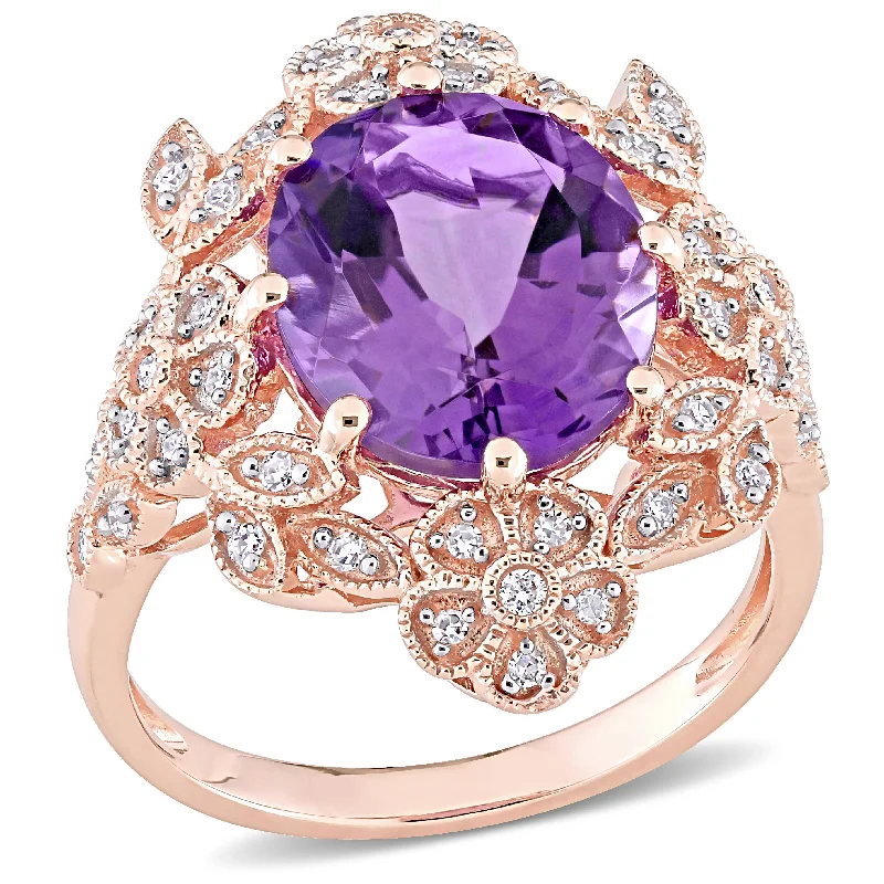 Mimi & Max 4ct TGW Oval Amethyst 1/4ct TDW Diamond Vintage Cocktail Ring 14k Rose Gold