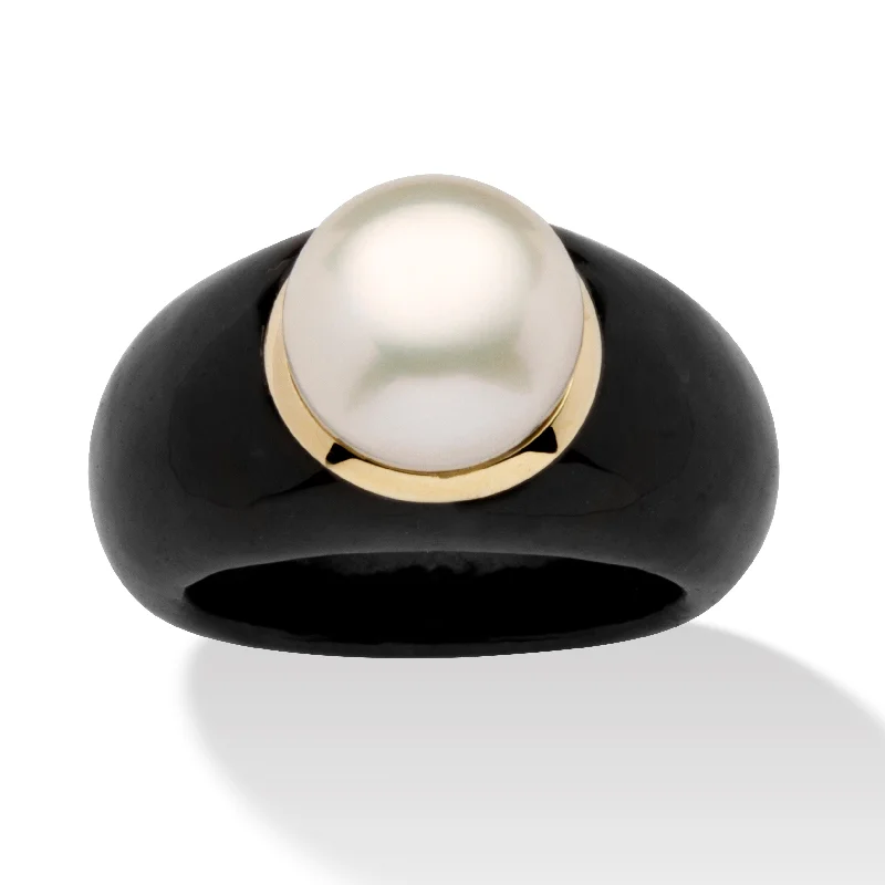 10k Black Pearl RIng Round Cultured Pearl Black Jade Yellow Gold Ring