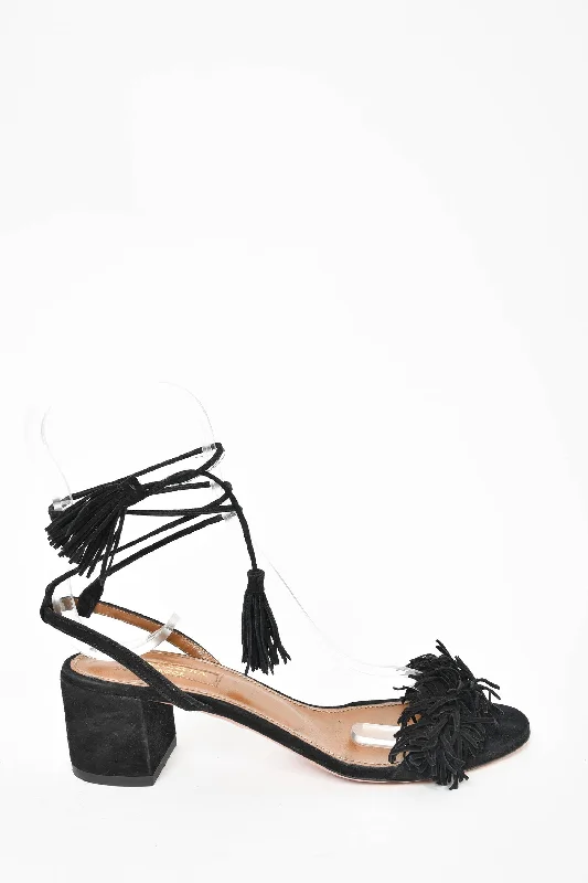 Aquazzura Black Suede Fringe 'Wild Things' Sandal Size 36.5