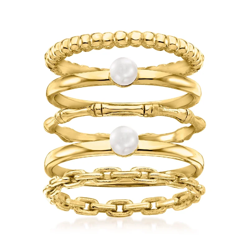 Ross-Simons 3.5mm Cultured Pearl Jewelry Set: 5 Stackable Rings in 18kt Gold Over Sterling