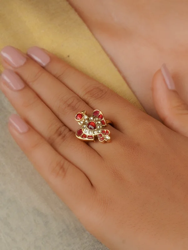 Pink Color Gold Plated Jadau Kundan Ring - MRNG169YP