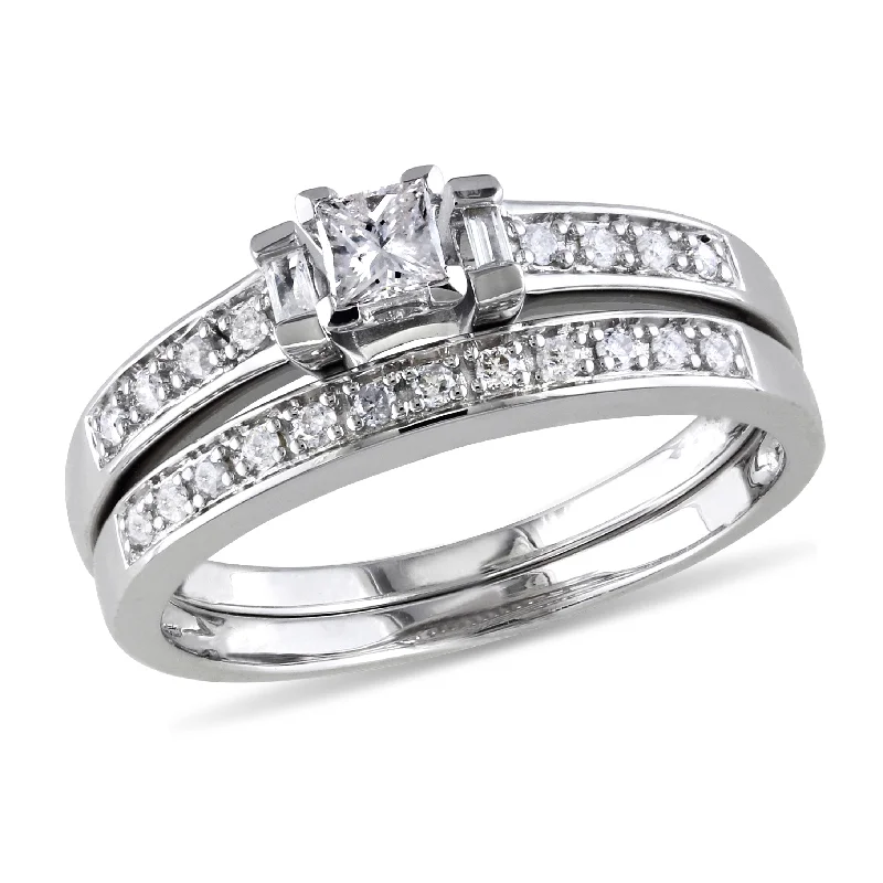 Mimi & Max 1/3ct TW Princess Cut Baguettes Round Diamond Bridal Set Sterling Silver