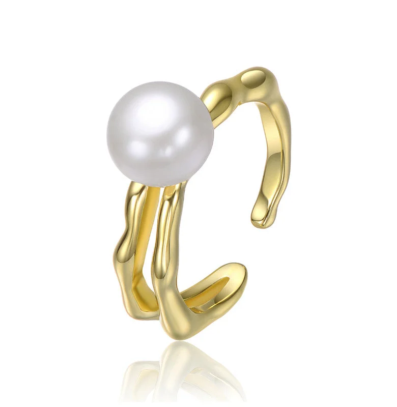 14K Gold Plated with Curved Design and Pearl Accent Open-Style Ring