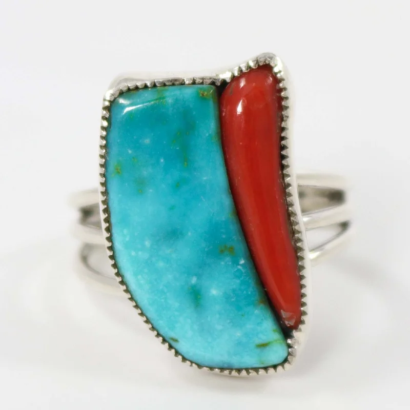 Blue Gem Turquoise and Coral Ring