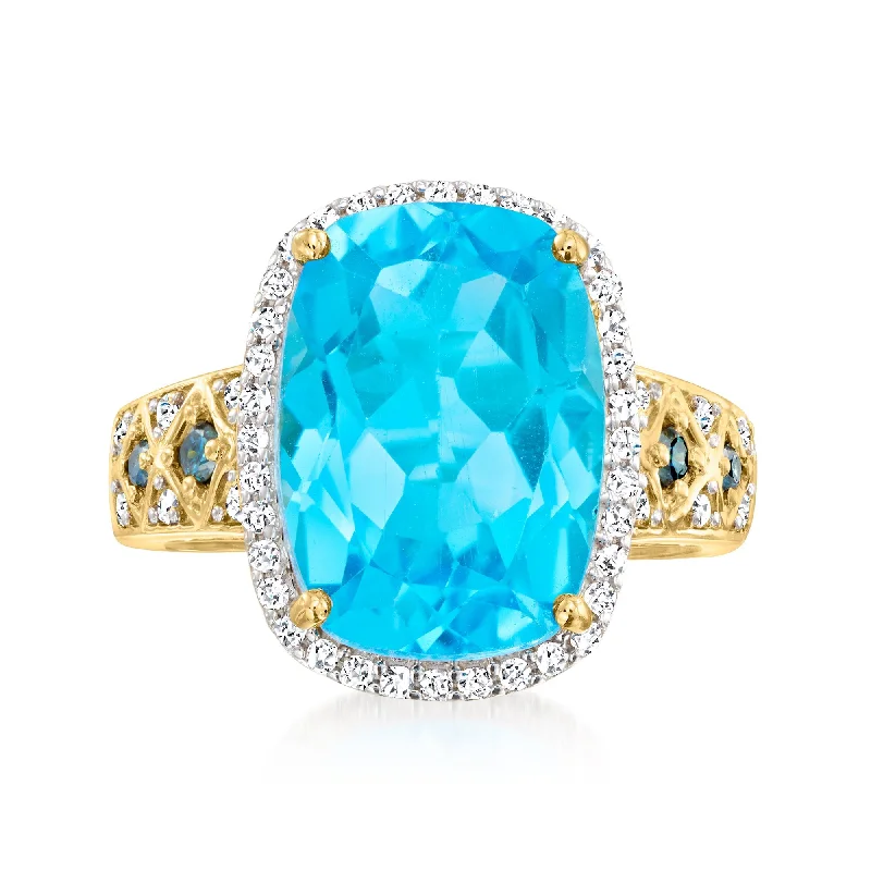 Ross-Simons Swiss Blue Topaz Ring With . Blue and White Diamonds in 14kt Yellow Gold