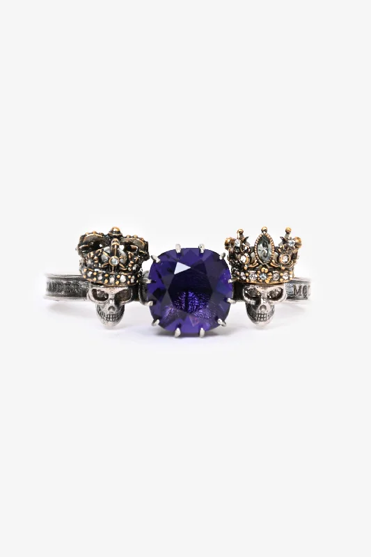 Alexander McQueen Silver Toned Double Skull/Purple Stone Double Ring Size S