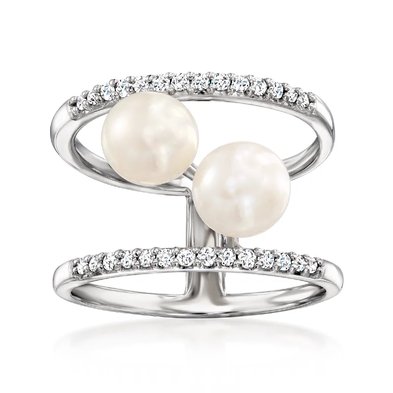 Ross-Simons 6.5-7mm Cultured Pearl and . Diamond Open-Space Ring in Sterling Silver