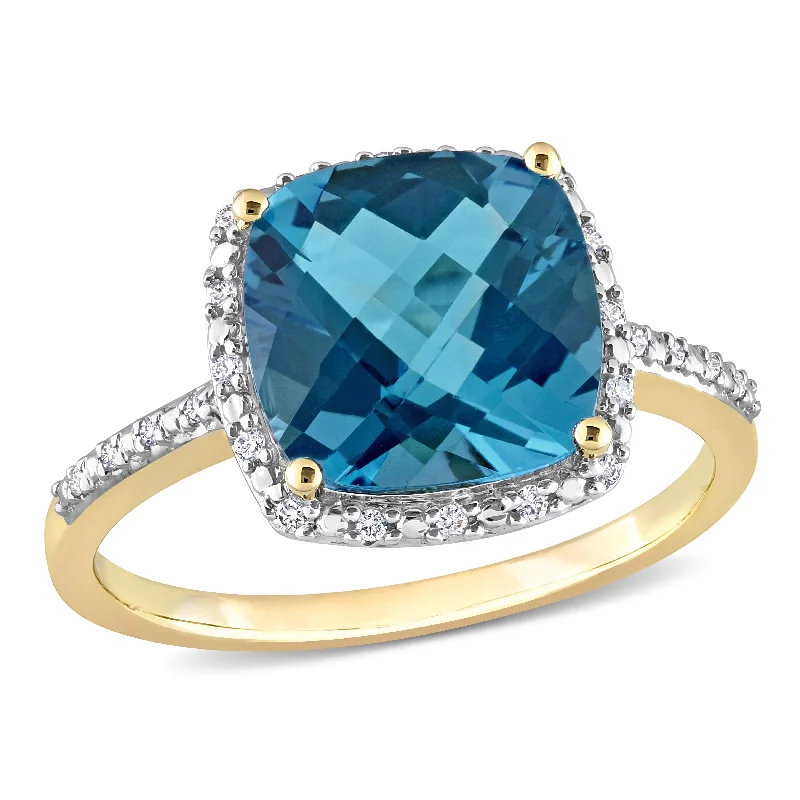 Mimi & Max 5 1/4ct TGW London Blue Topaz 1/10ct TDW Diamond Halo Ring 14k Yellow Gold