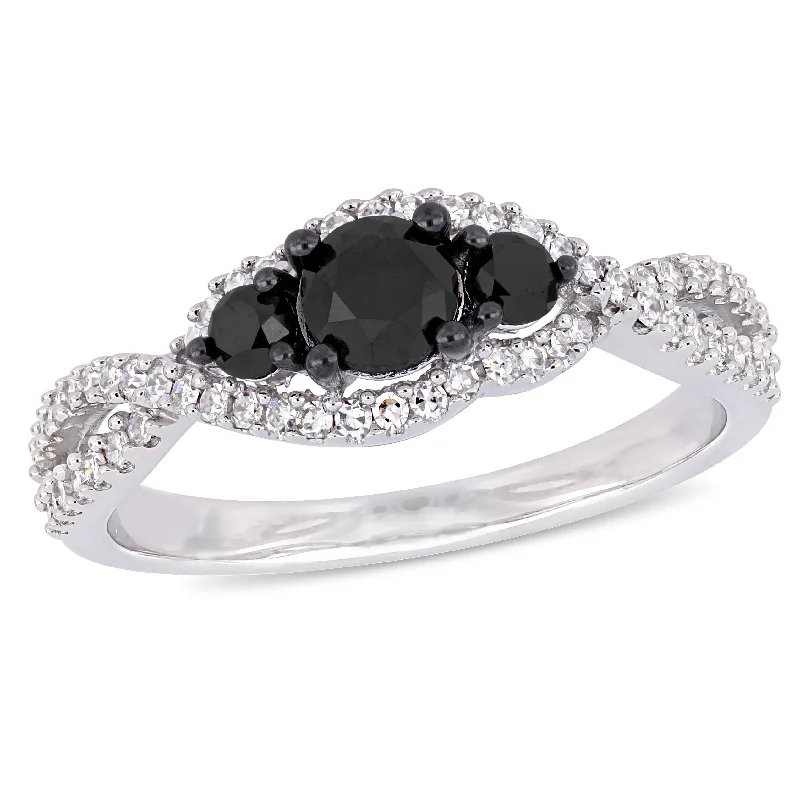 Mimi & Max 1ct TW Black White Halo 3-Stone Diamond Engagement Ring 14k White Gold