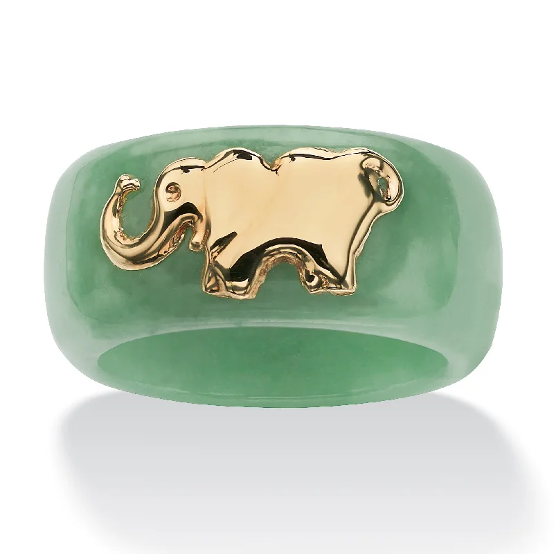 Round Green Jade 10k Yellow Gold Elephant Ring Band