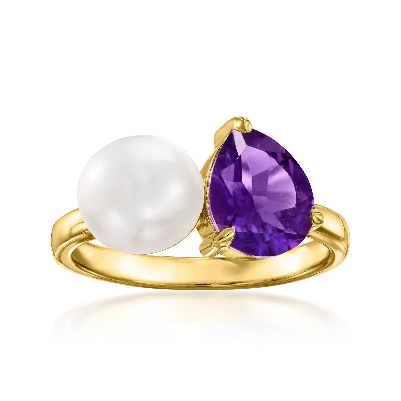 Ross-Simons 7-7.5mm Cultured Pearl and Amethyst Toi Et Moi Ring in 18kt Gold Over Sterling