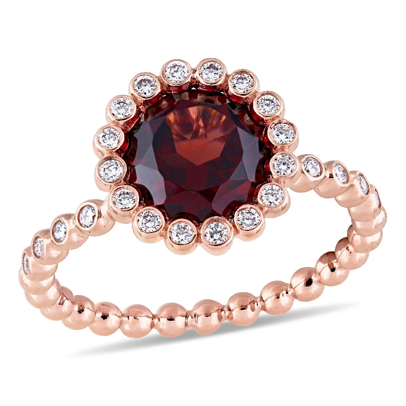 Mimi & Max Garnet and 1/4ct TW Diamond Halo Scalloped Ring 14k Rose Gold