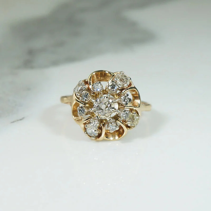 Sparkling Old Mine Cut Diamond Flower Ring