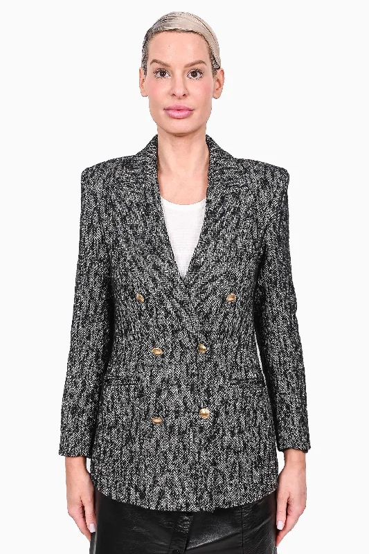 Anine Bing Black/White Herringbone Wool Double Breasted Blazer Size XS