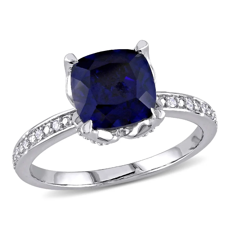 Mimi & Max Cushion-Cut Created Blue Sapphire and Diamond Ring 10k White Gold