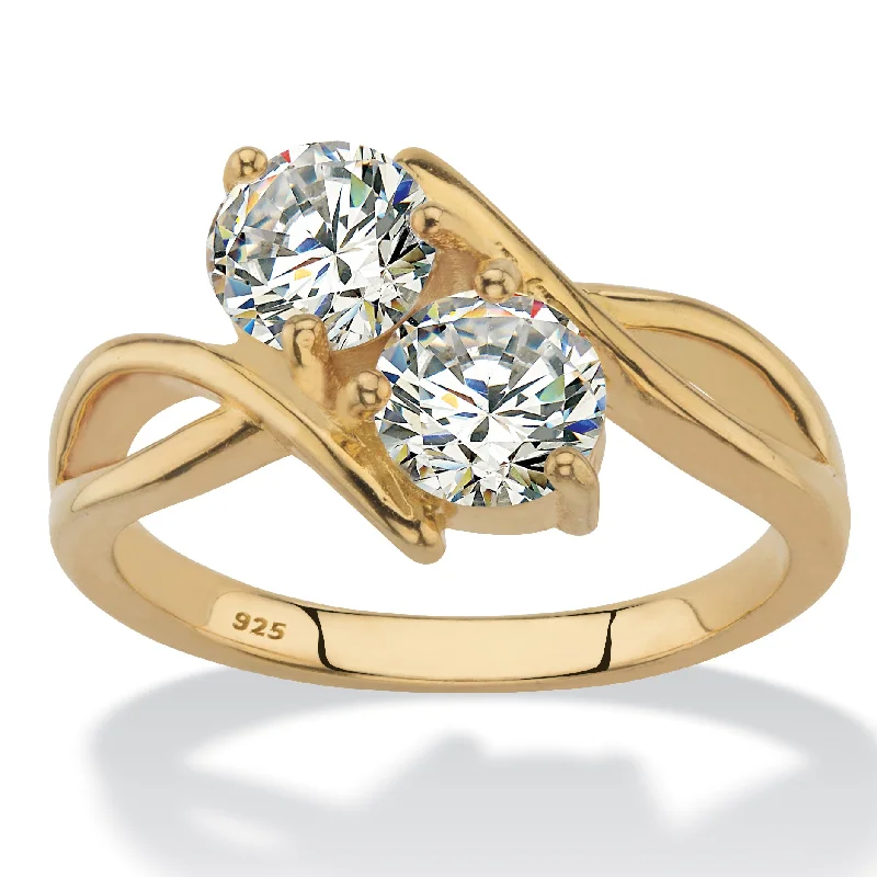 1.96 Cttw Cubic Zirconia 14k Gold-plated Sterling Silver 2-Stone Bypass Ring