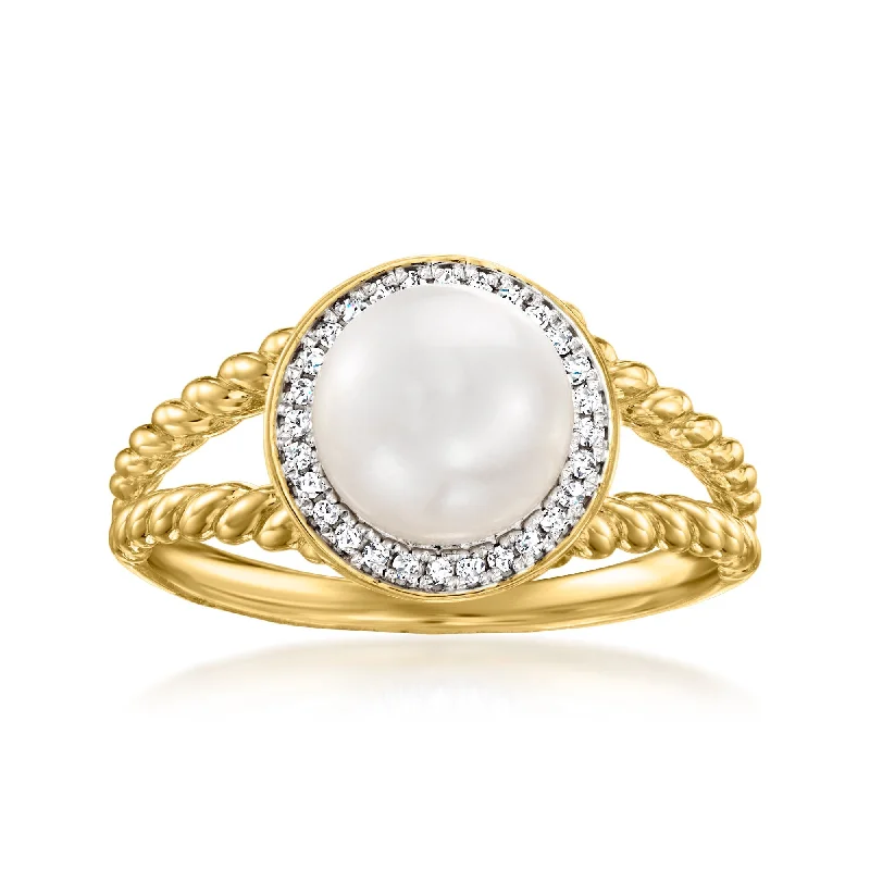 Ross-Simons 7.5-8mm Cultured Pearl Ring With Diamond Accents in 18kt Gold Over Sterling