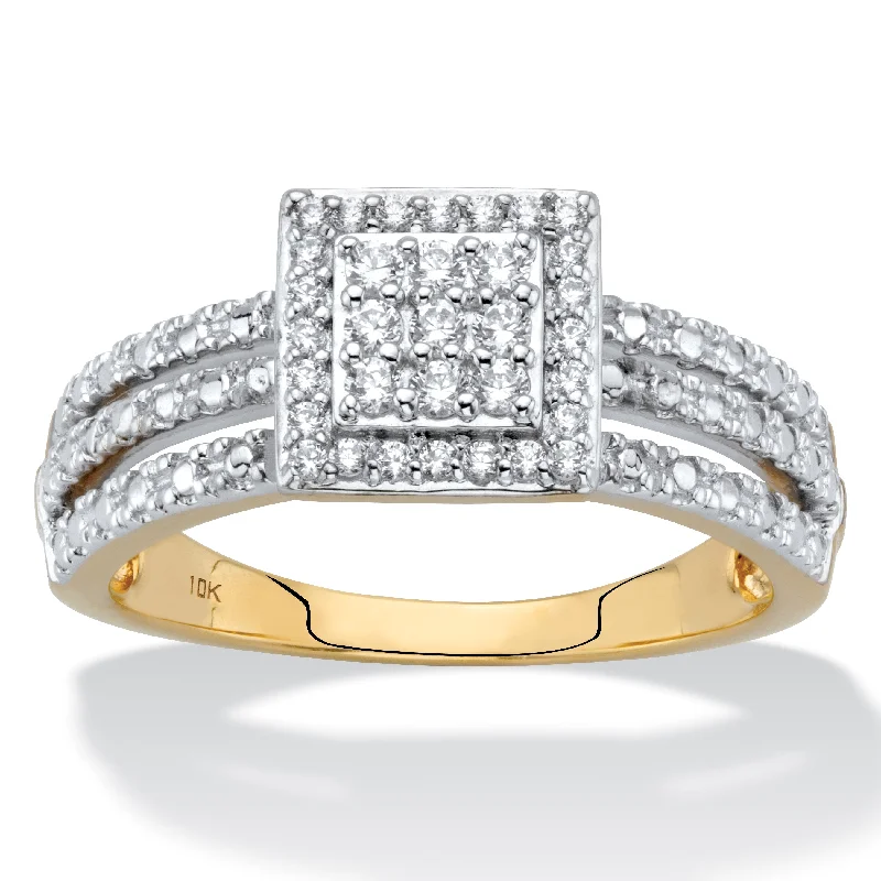 1/4 TCW Diamond Solid 10k Yellow Gold Squared Cluster Triple-Row Ring