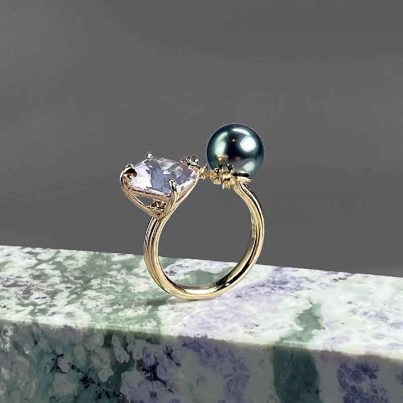 ANSWER B. by Bianca Chong -Lavender Quartz and Tahitian Pearl Open Ring