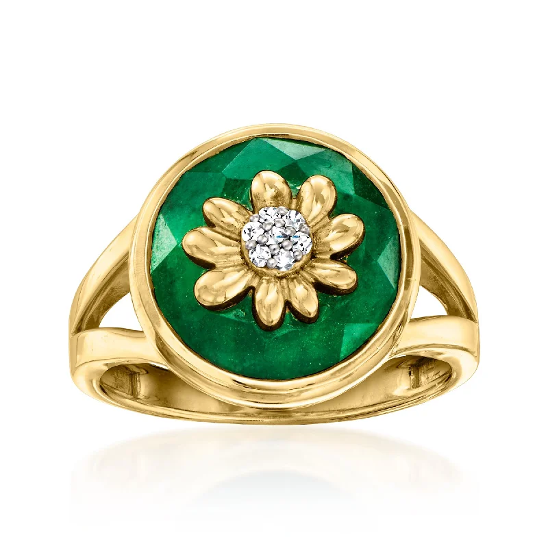 Ross-Simons Emerald Flower Ring With Diamonds in 18kt Gold Over Sterling