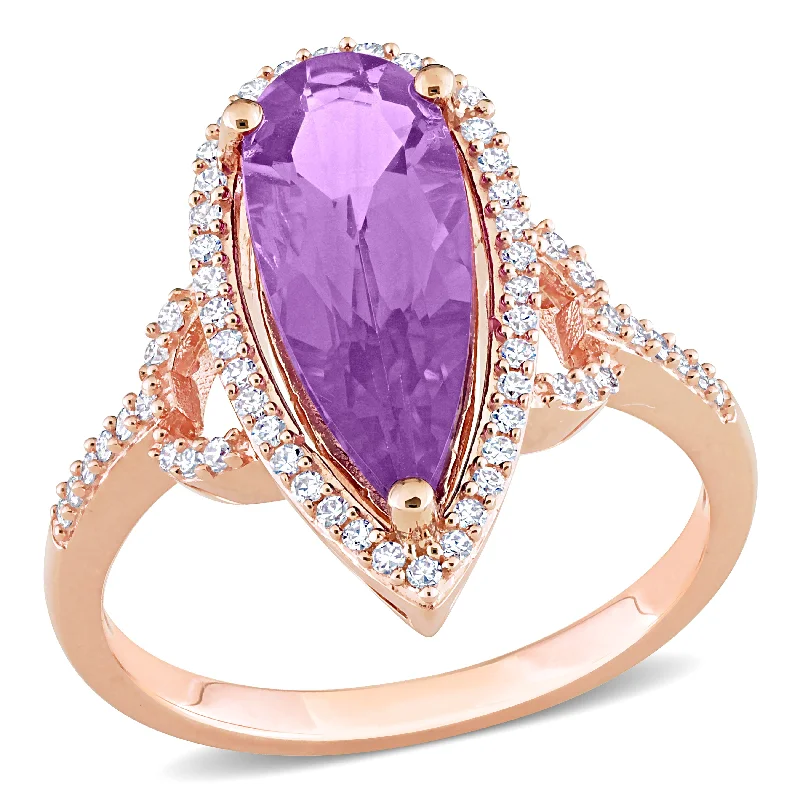 Mimi & Max 2 1/3ct TGW Pear Shape Amethyst 1/4ct TW Diamond Halo Ring 14k Rose Gold