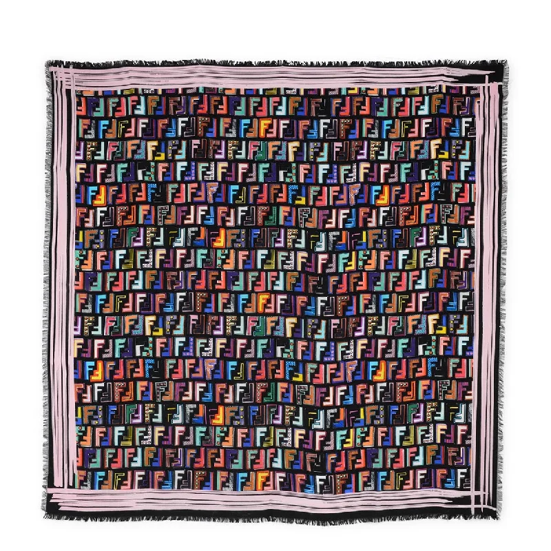 Fendi Black Silk Multicolour FF Fringed Scarf 90