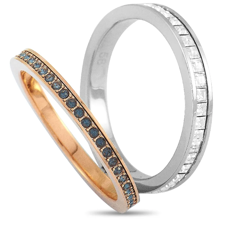 Swarovski Hint Rhodium and Rose Gold-Plated Stainless Steel Black and Clear Swarovski Crystal Double Ring