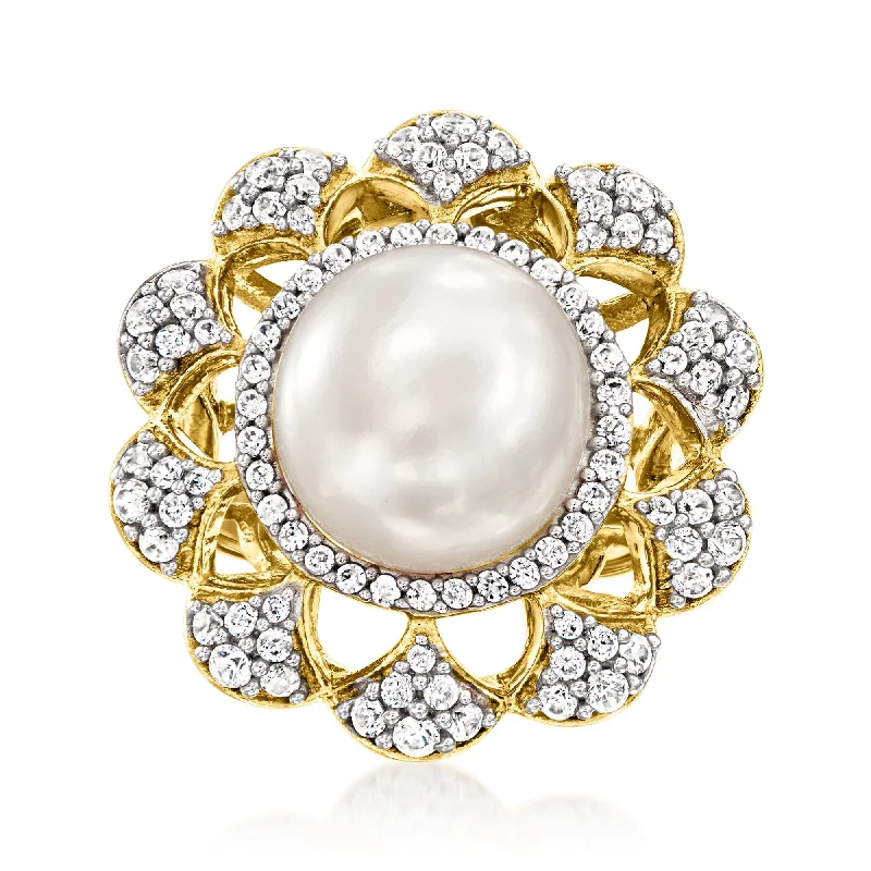 Ross-Simons 12-12.5mm Cultured Pearl and White Topaz Ring in 18kt Gold Over Sterling