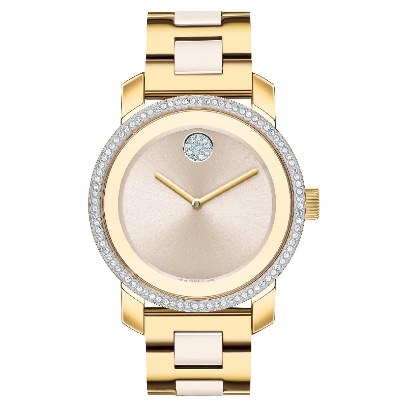 Movado Light Gold Steel & Ceramic Taupe Dial Women's Swiss Made Watch - 3600882