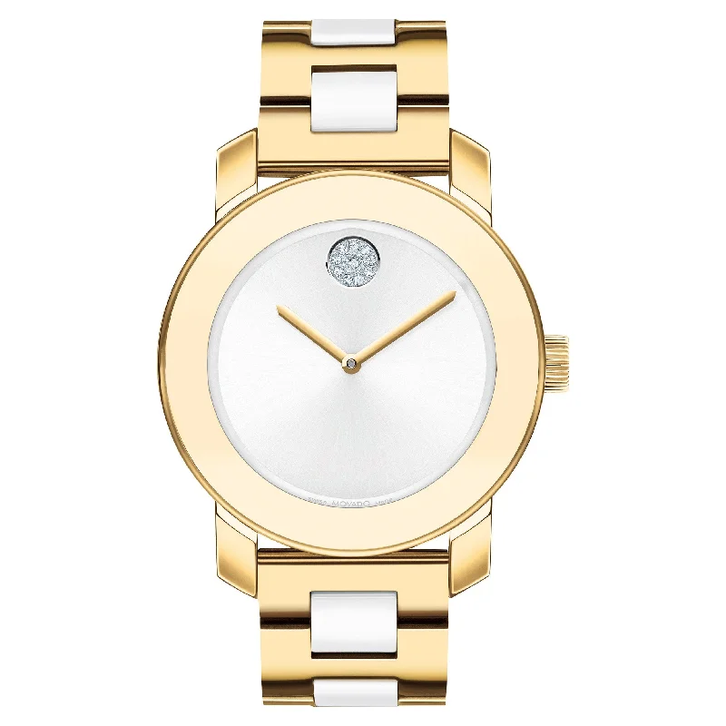 Movado Light Gold Steel & White Ceramic Silver Dial Made Women's Swiss Made Watch - 3600892