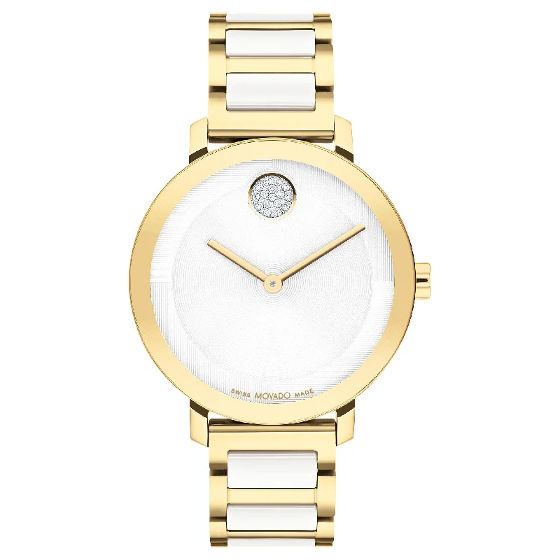 Movado Light Gold Steel & White Ceramic Silver White Dial Women's Swiss Made Watch - 3601238