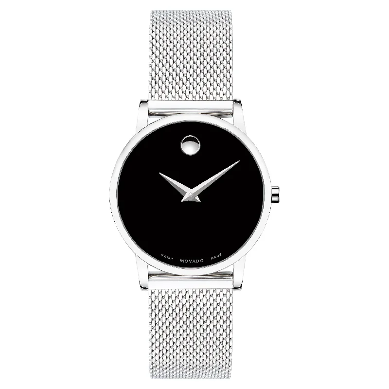 Movado Silver Steel Mesh Black Dial Women's Swiss Made Watch - 607220