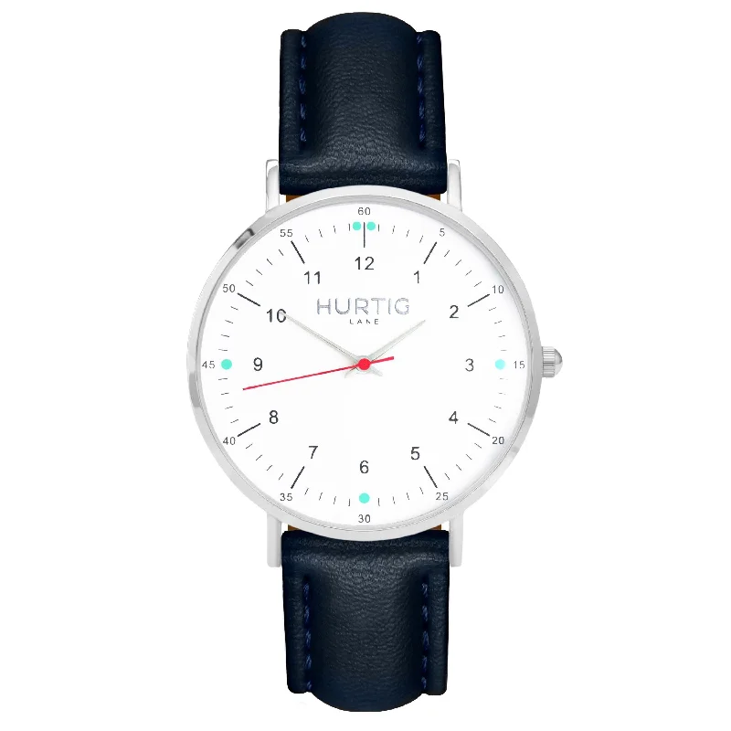 Moderna Vegan Leather Watch Silver, White & Midnight Blue