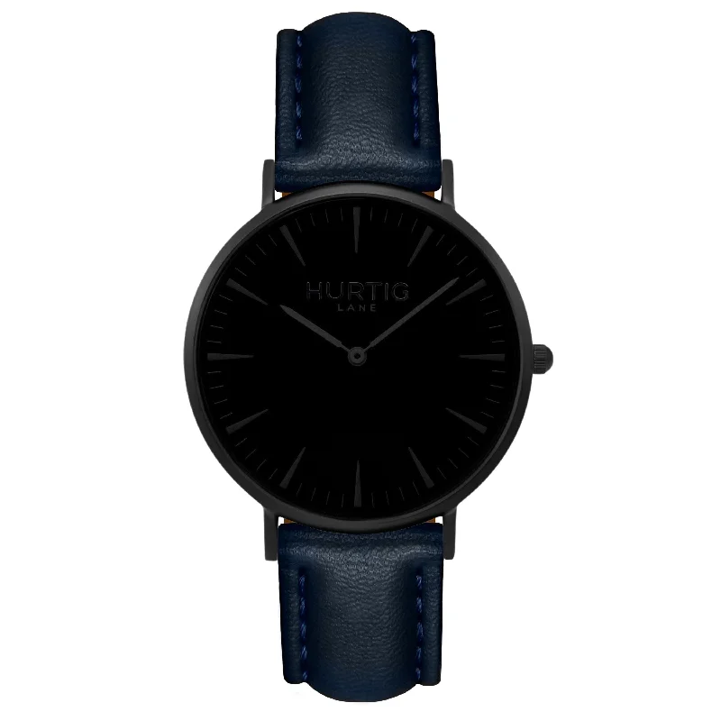 Mykonos Vegan Leather Watch All Black & Midnight Blue