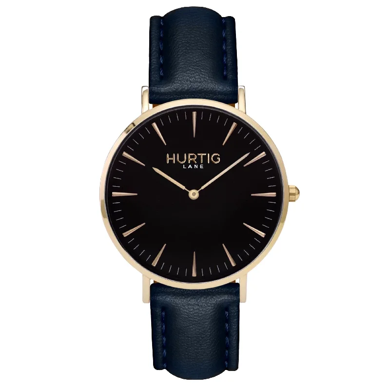 Mykonos Vegan Leather Watch Gold, Black & Midnight Blue