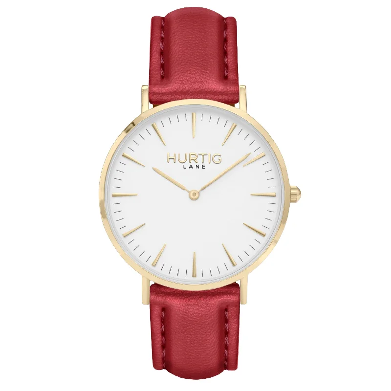 Mykonos Vegan Leather Watch Gold, White & Cherry Red