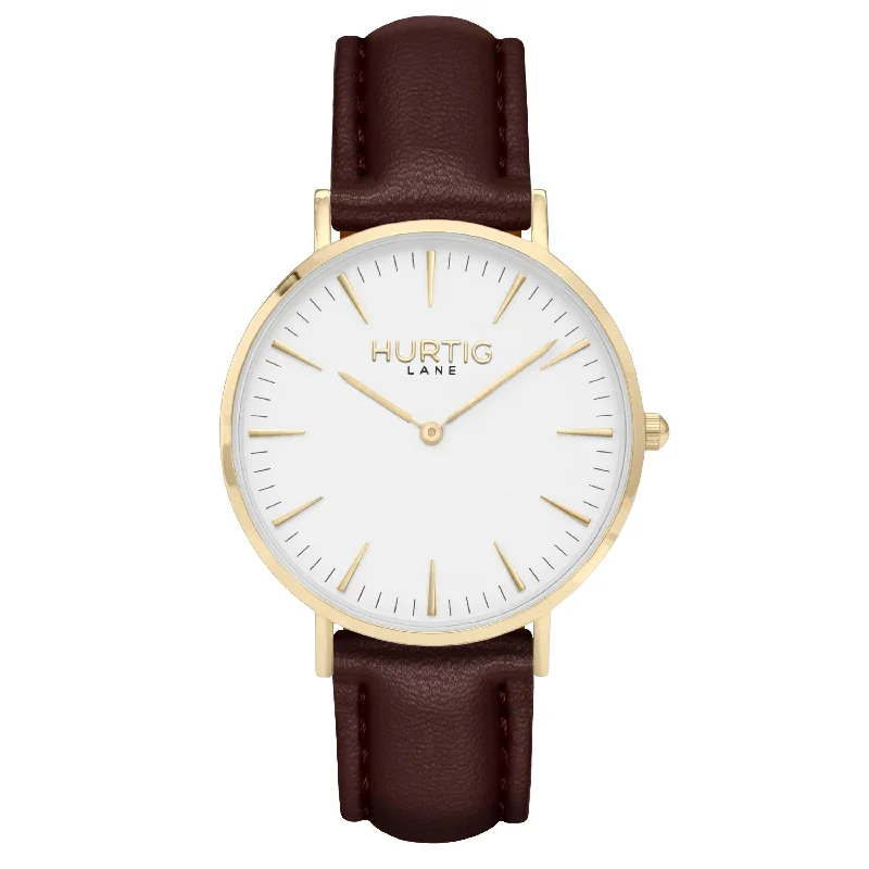 Mykonos Vegan Leather Watch Gold, White & Chestnut