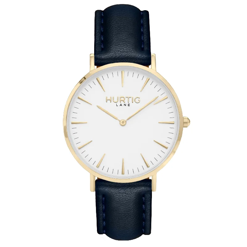 Mykonos Vegan Leather Watch Gold, White & Midnight Blue