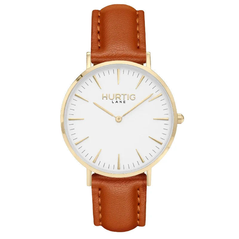 Mykonos Vegan Leather Watch Gold, White & Tan