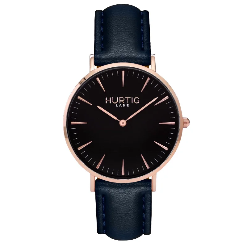 Mykonos Vegan Leather Watch Rose Gold, Black & Midnight Blue