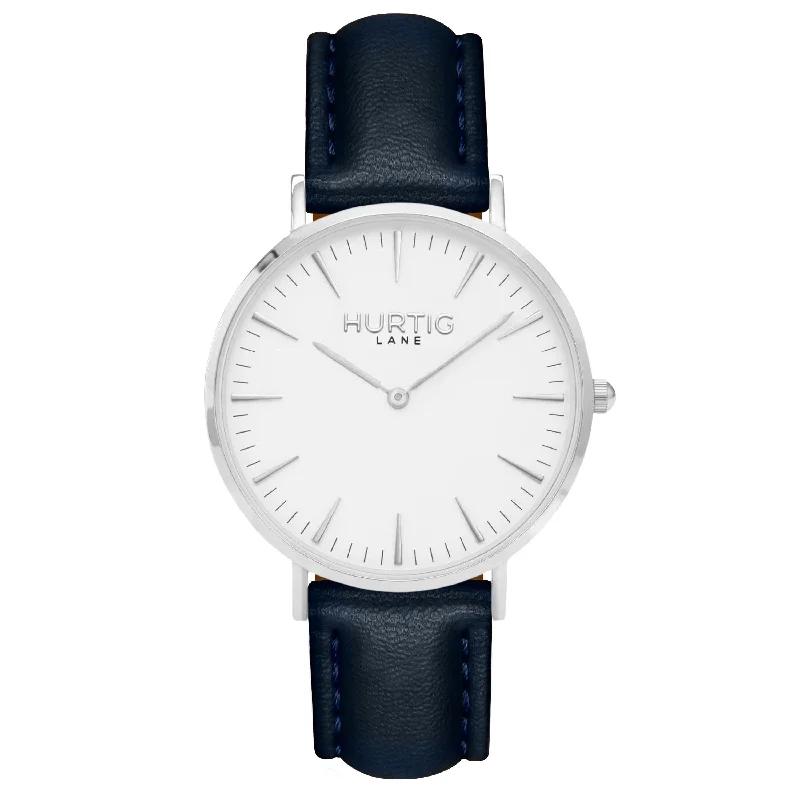 Mykonos Vegan Leather Watch Silver, White & Midnight Blue