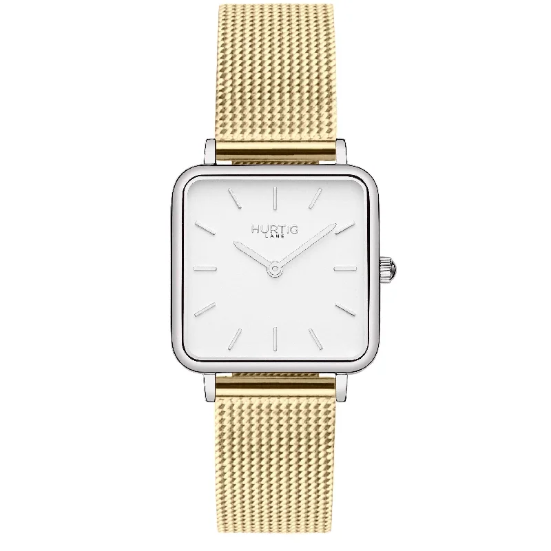 Neliö Square Stainless Steel Watch Silver, White & Gold