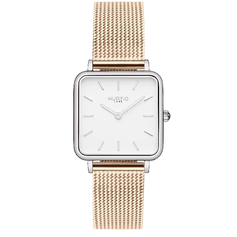 Neliö Square Stainless Steel Watch Silver, White & Rose Gold