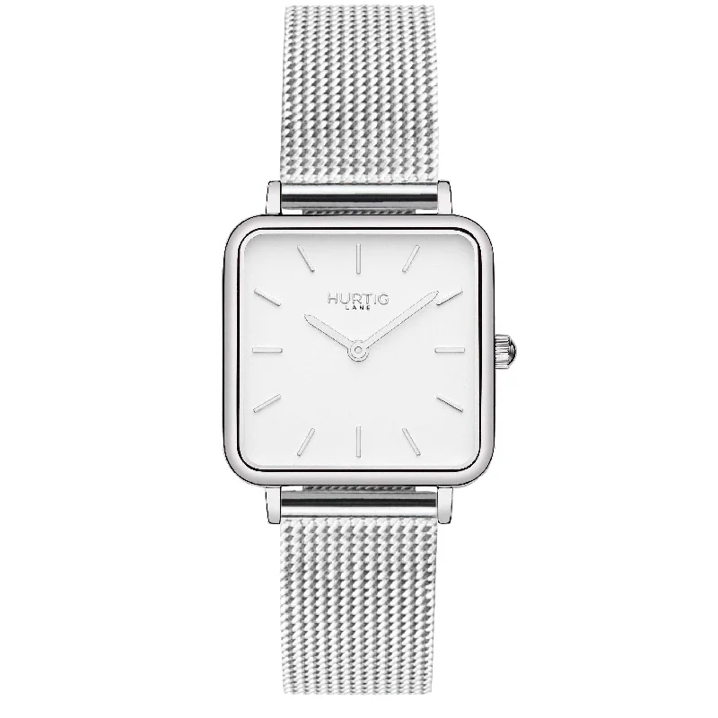 Neliö Square Stainless Steel Watch Silver, White & Silver