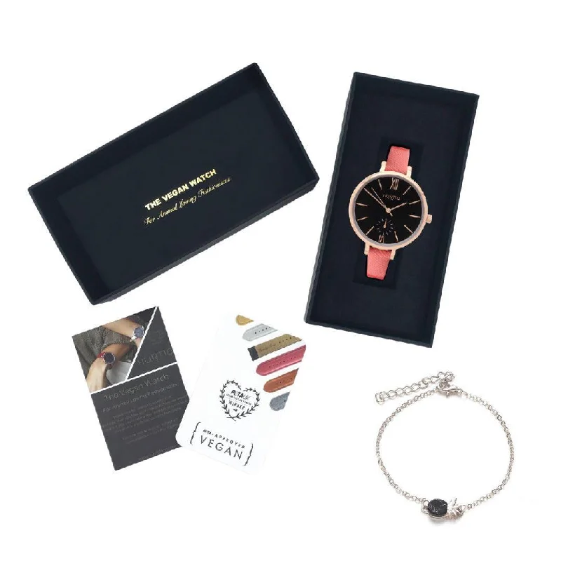 Vegan Gift Set Amalfi Petite Vegan Leather Watch Rose Gold, Black & Coral and Piña Bracelet