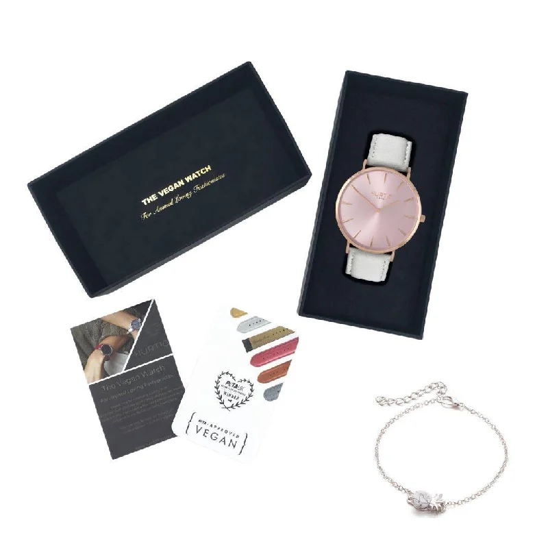 Vegan Gift Set Mykonos Vegan Leather Watch All Rose, Grey and Piña Bracelet