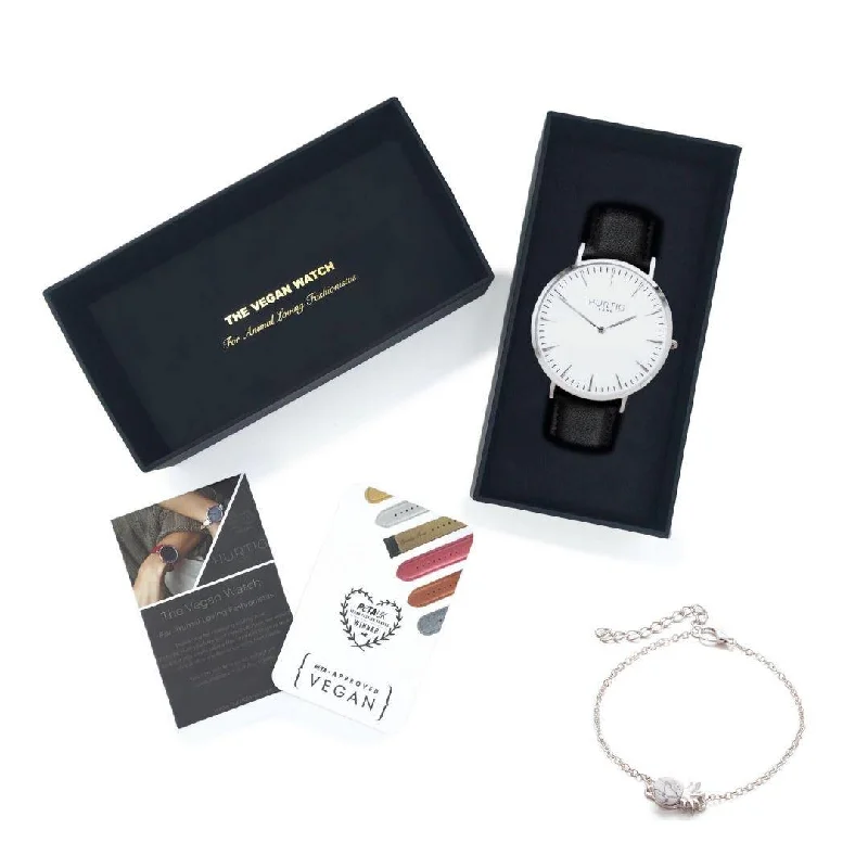 Vegan Gift Set Mykonos Vegan Leather Watch Silver, White & Black and Piña Bracelet